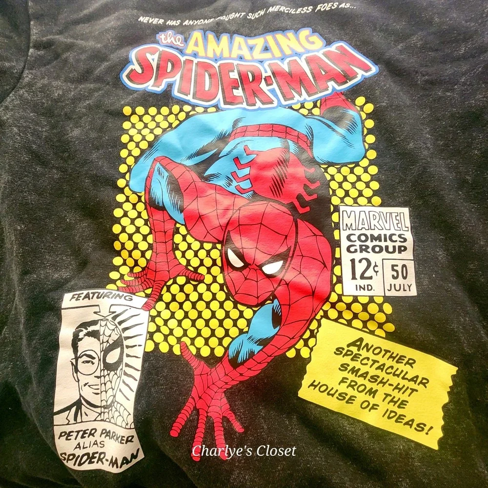 Marvel Spider-Man Black Acid Wash Comic Graphic Sweatshirt‎ M Superhero Grunge